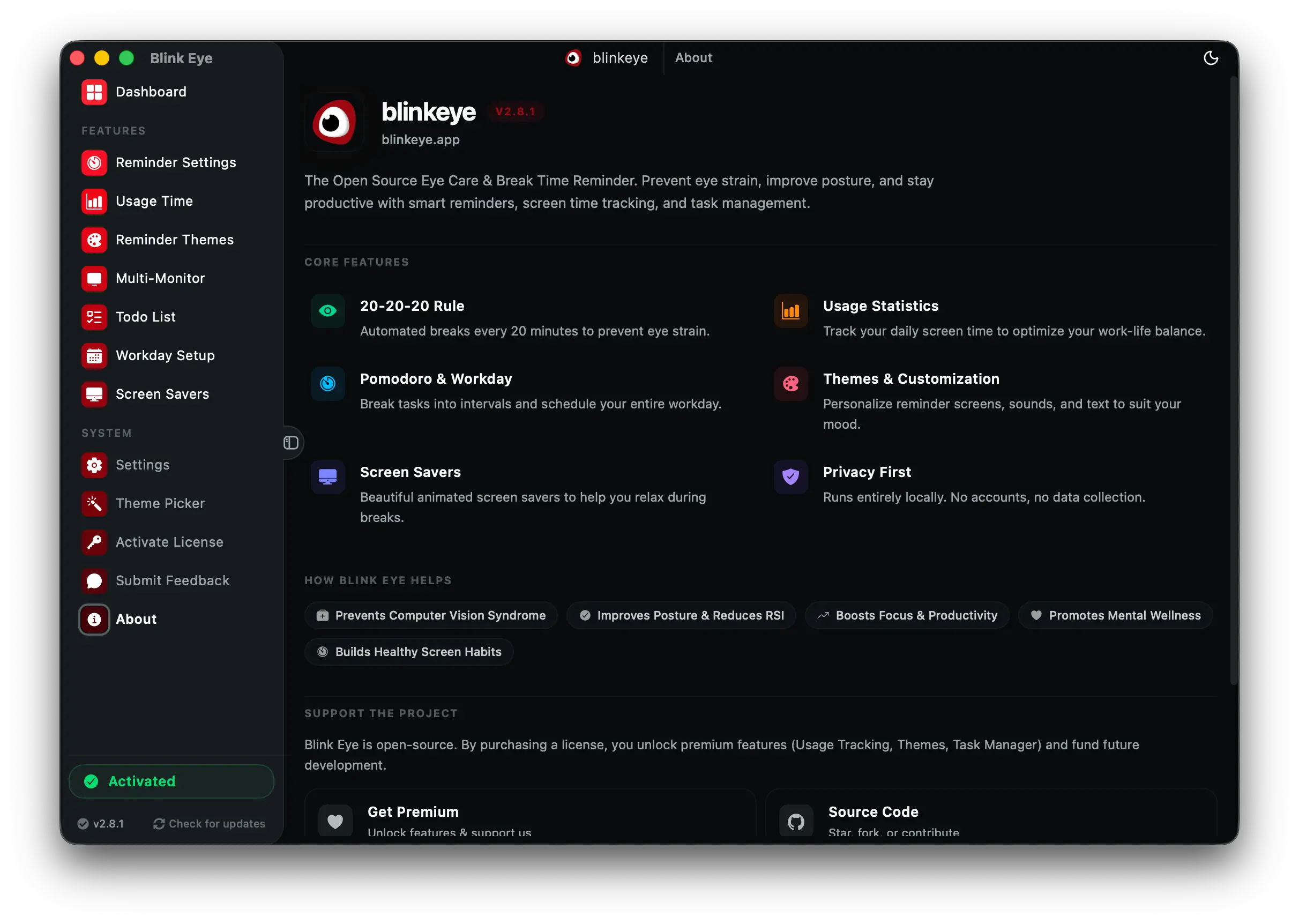 About: Blink Eye is a free open source eye care app for Windows, Mac and Linux. Blink Eye shows your version, updates in one click and links help, docs and GitHub.