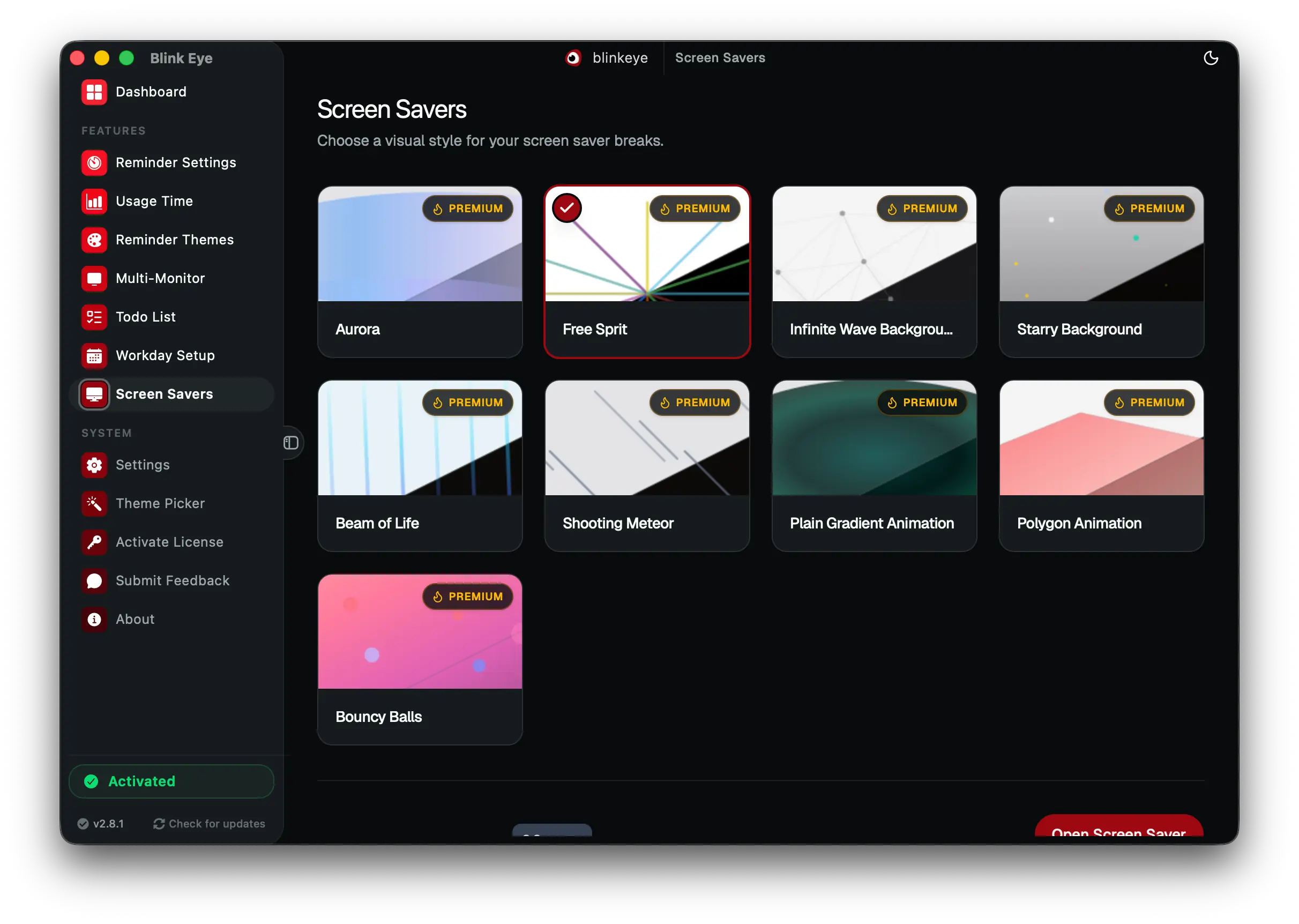 Screen Savers: Blink Eye turns eye breaks into retreats with 9 animated screen savers. Blink Eye plays 9 premium visuals: Aurora, Free Sprit, Infinite Wave, Starry, Beam of Life, Shooting Meteor, Plain Gradient, Polygon and Bouncy Balls.
