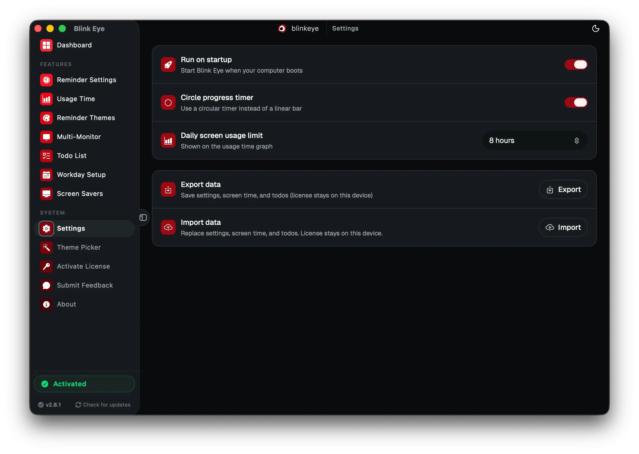 Settings: Blink Eye guards your eyes with strict mode and daily screen limits. Blink Eye controls startup, strict mode, idle detection, sounds and daily usage limits from one place.