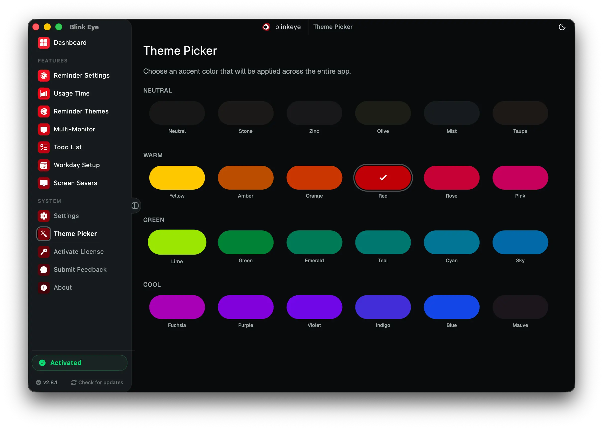 Theme Picker: Blink Eye offers 24 plus reminder themes to pick and make your own. Blink Eye ships more than 24 ready made themes and lets you customize colors and backgrounds to your own preference.