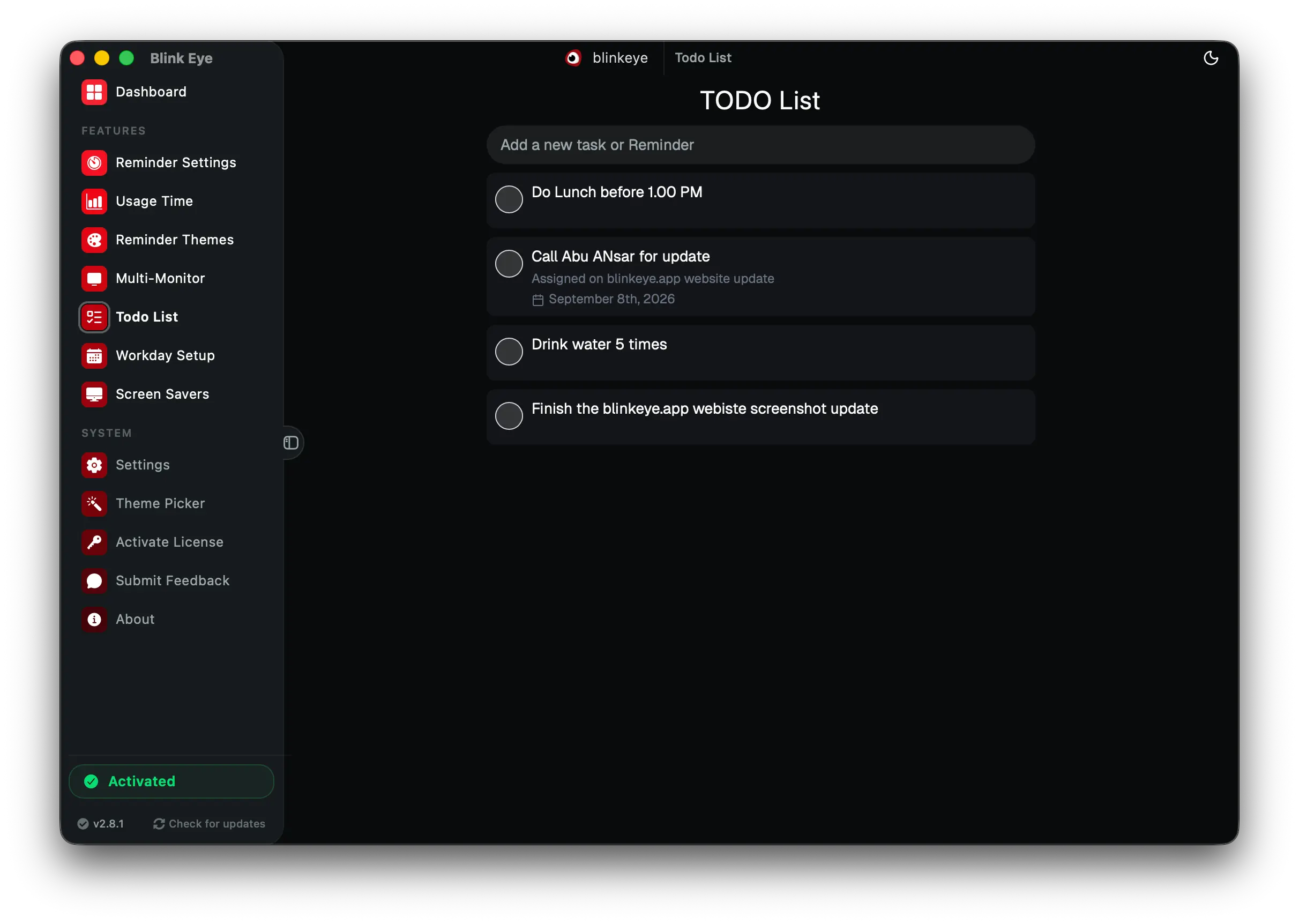 Todo List: Blink Eye keeps tasks beside breaks with a Pomodoro task manager for focus. Blink Eye lets you capture todos where you take breaks and pairs them with Pomodoro focus sessions.