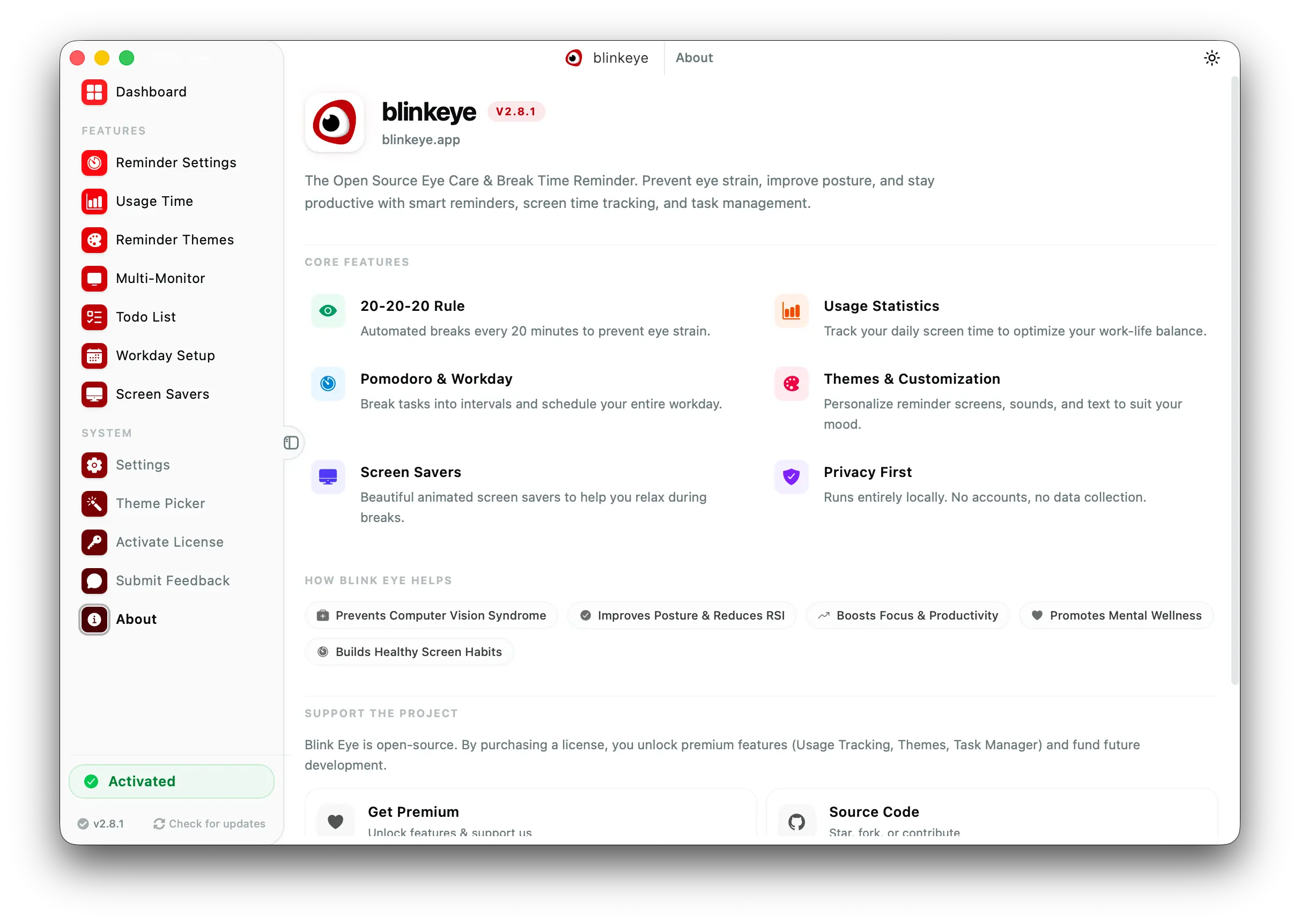 About: Blink Eye is a free open source eye care app for Windows, Mac and Linux. Blink Eye shows your version, updates in one click and links help, docs and GitHub.