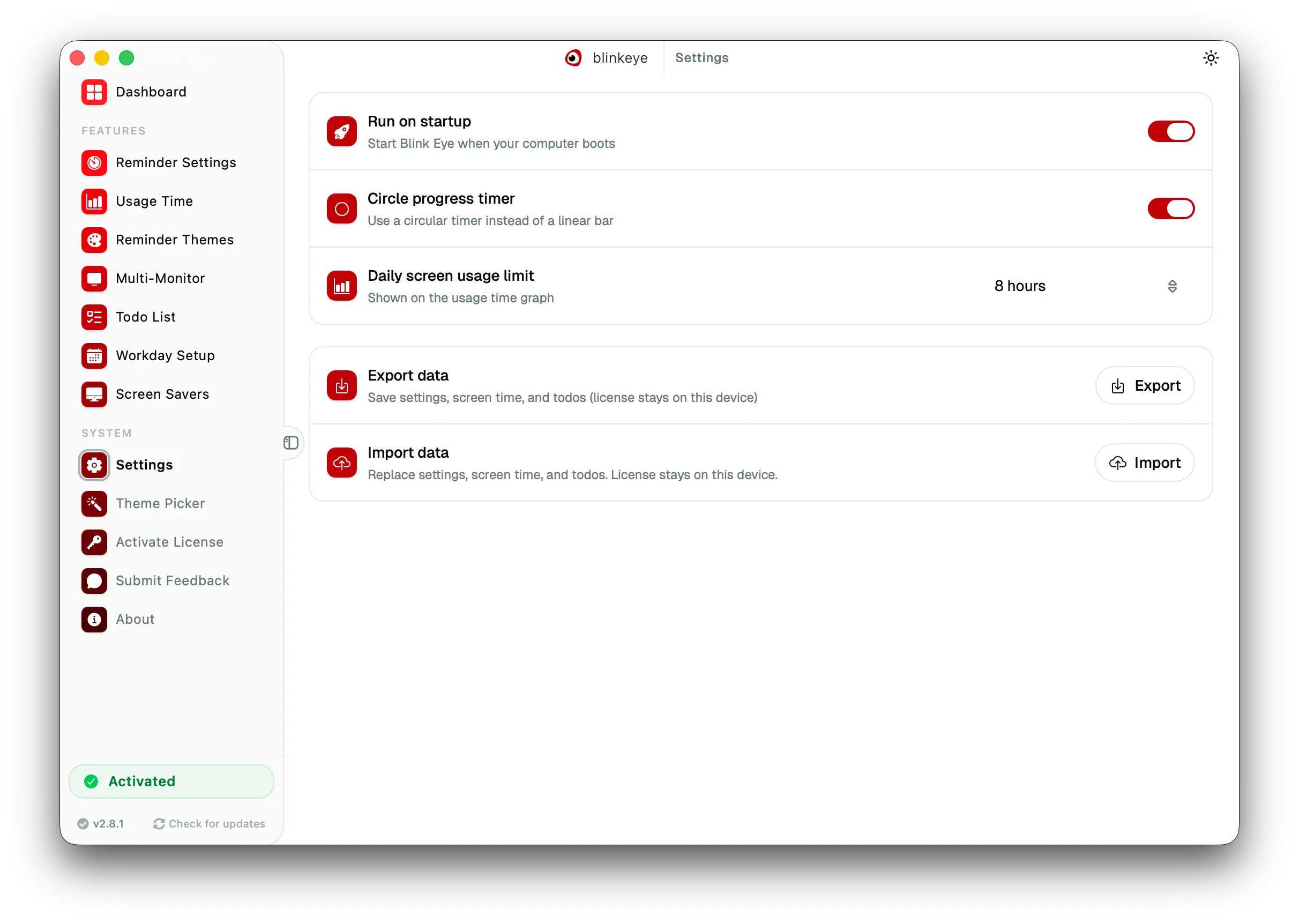 Settings: Blink Eye guards your eyes with strict mode and daily screen limits. Blink Eye controls startup, strict mode, idle detection, sounds and daily usage limits from one place.