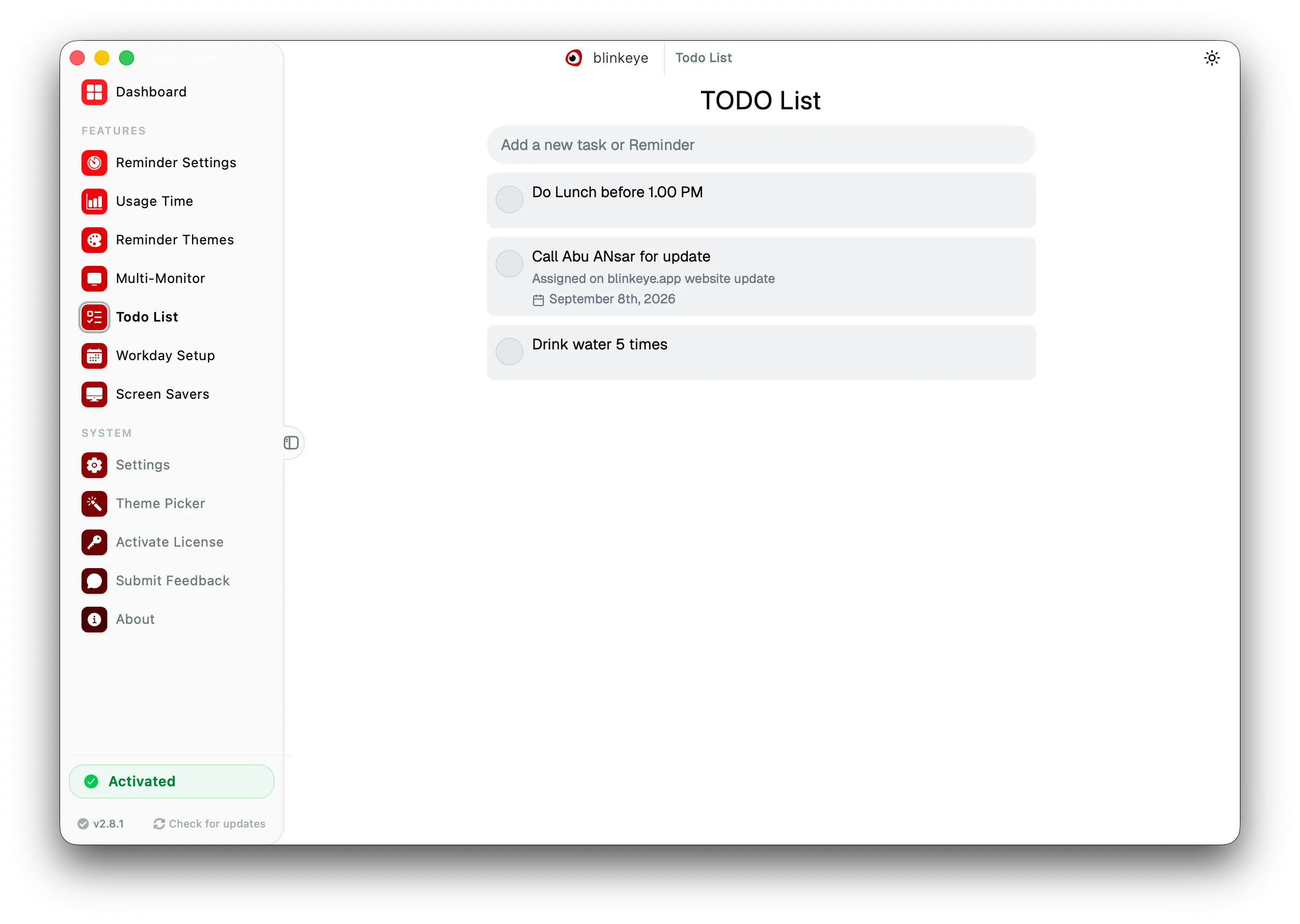 Todo List: Blink Eye keeps tasks beside breaks with a Pomodoro task manager for focus. Blink Eye lets you capture todos where you take breaks and pairs them with Pomodoro focus sessions.
